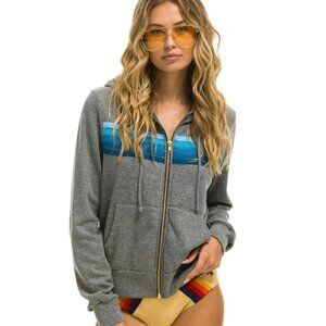 Aviator Nation 5 Stripe Hoodie Heather Grey with Blue Stripes XS